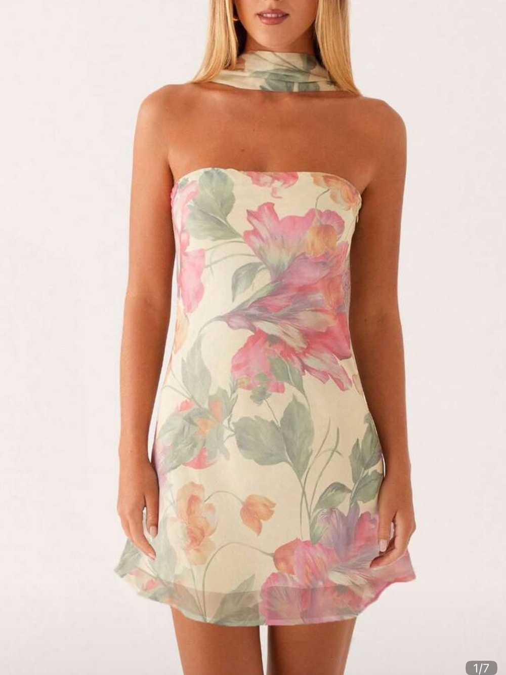 Strapless Floral Mini Dress in Cream and Pink
